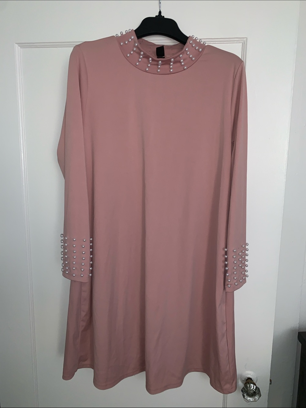 SHEIN Dusty Rose Pearl-Trim Long Sleeve Shift Dress